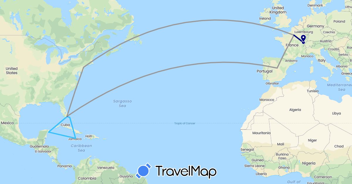TravelMap itinerary: driving, plane, hiking, boat in Bahamas, Spain, France, Jamaica, Cayman Islands, Mexico, United States (Europe, North America)